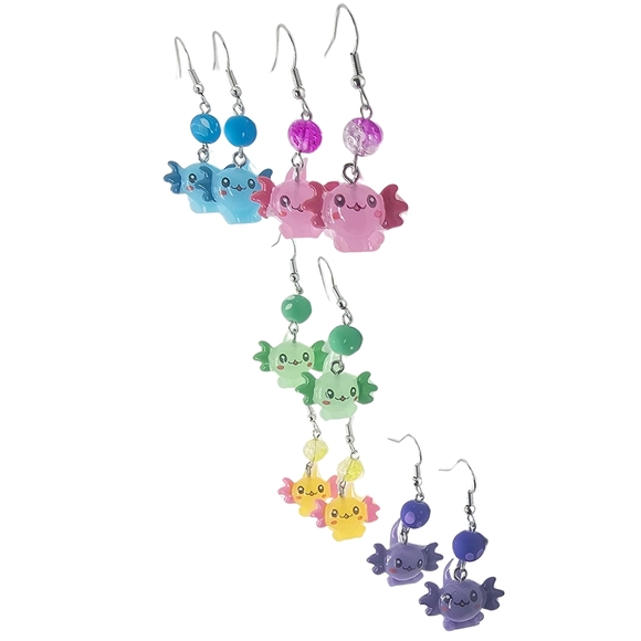 Cute Blue Axolotl Earrings - Handmade‎ - Hypoallergenic (Dangle w/ hook) - Picture 2 of 4